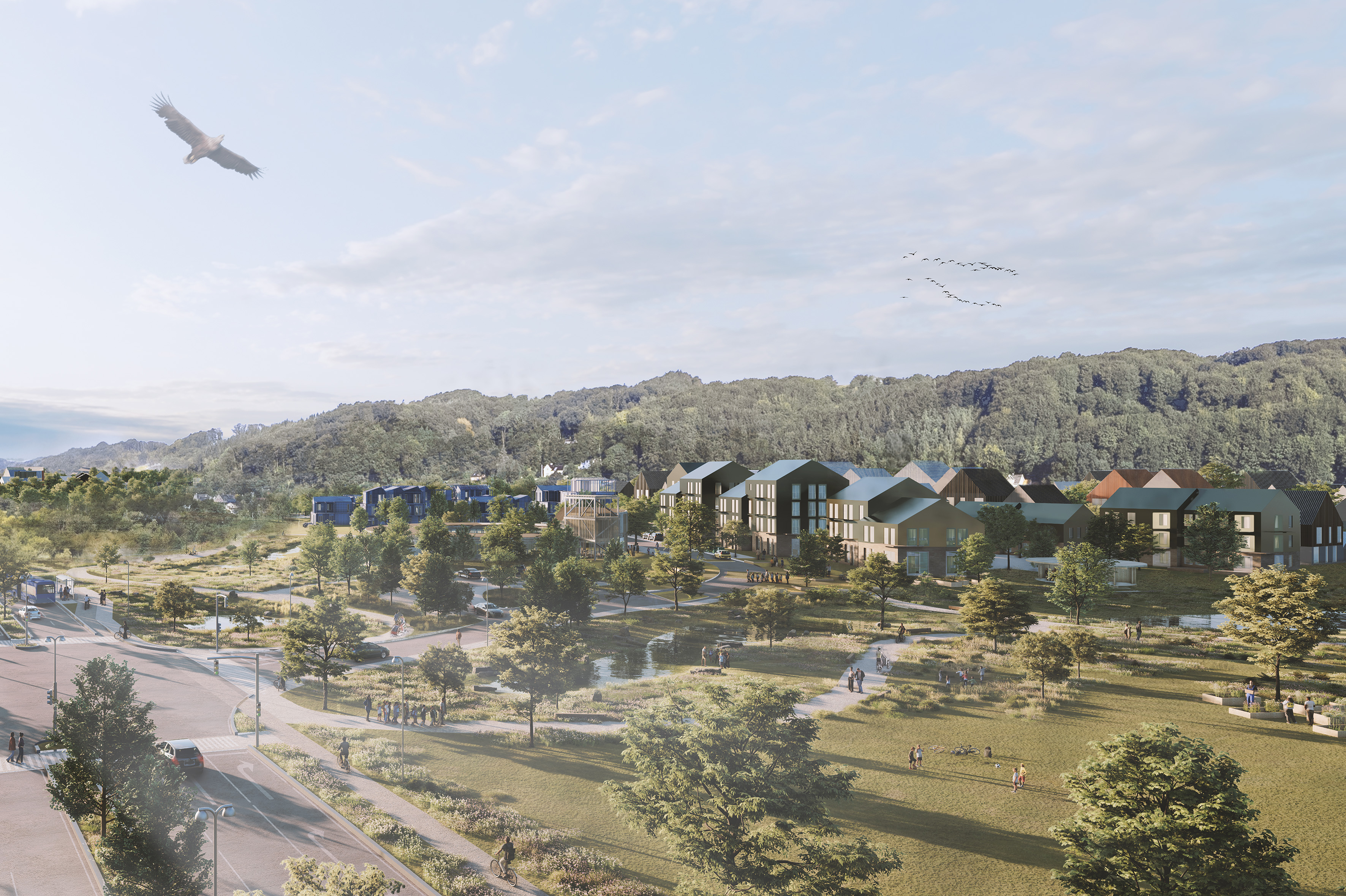 Visualisering af Ny Rosborg bydelen med stort grønt område, fleretagers huse og træbeklædte bakker i baggrunden